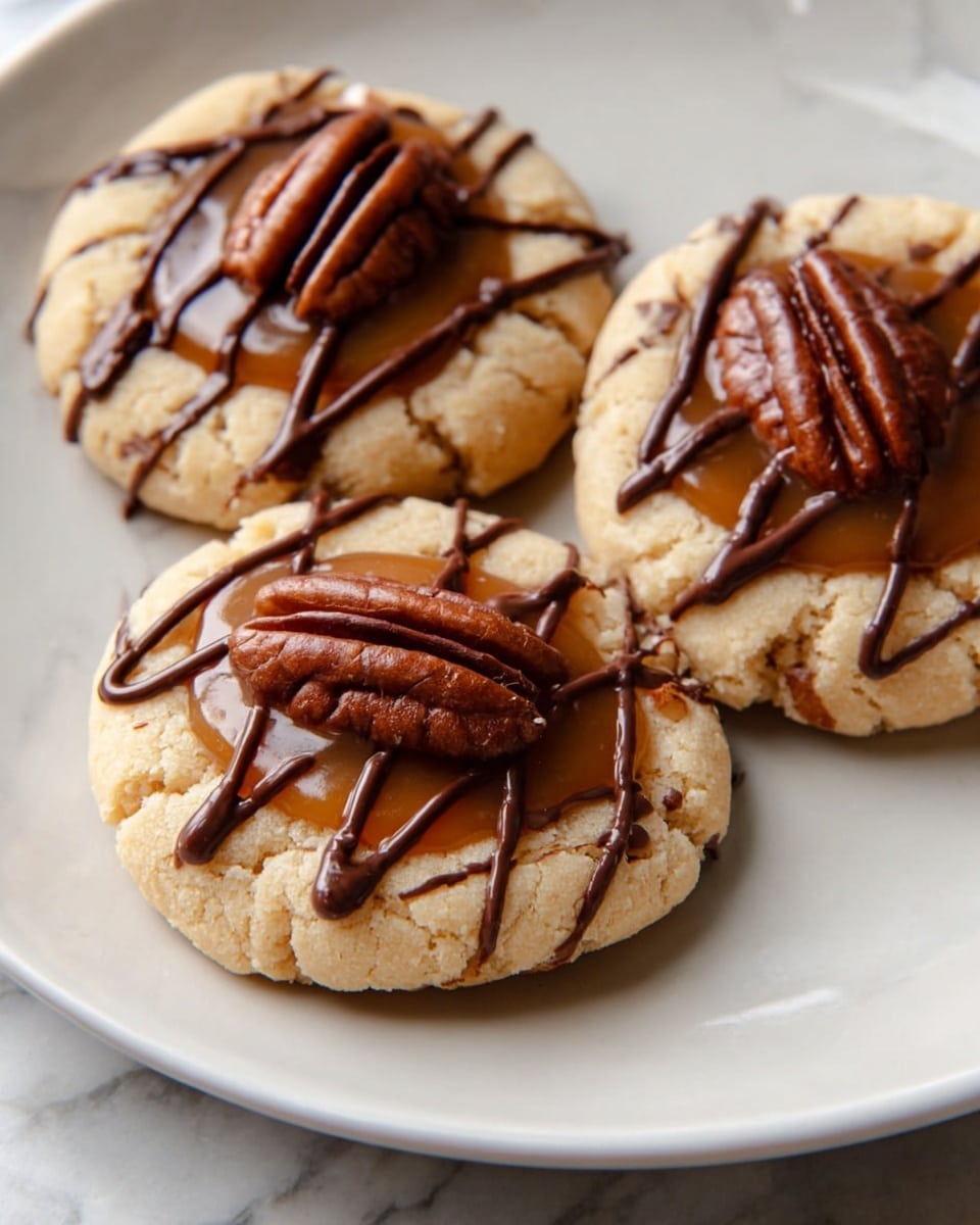 The image shows several round cookies on white parchment paper, each cookie with a light golden-brown base layer. On top of each cookie, there is a dollop of smooth, light brown caramel that slightly spills over one side. In the center of the caramel, a whole, dark brown pecan is placed. Dark brown chocolate drizzle is artfully crisscrossed over the top of the pecan and caramel, adding a textured, glossy layer. The background is a white marbled surface with parts of a spoon visible near the cookies. Photo taken with an iphone --ar 4:5 --v 7