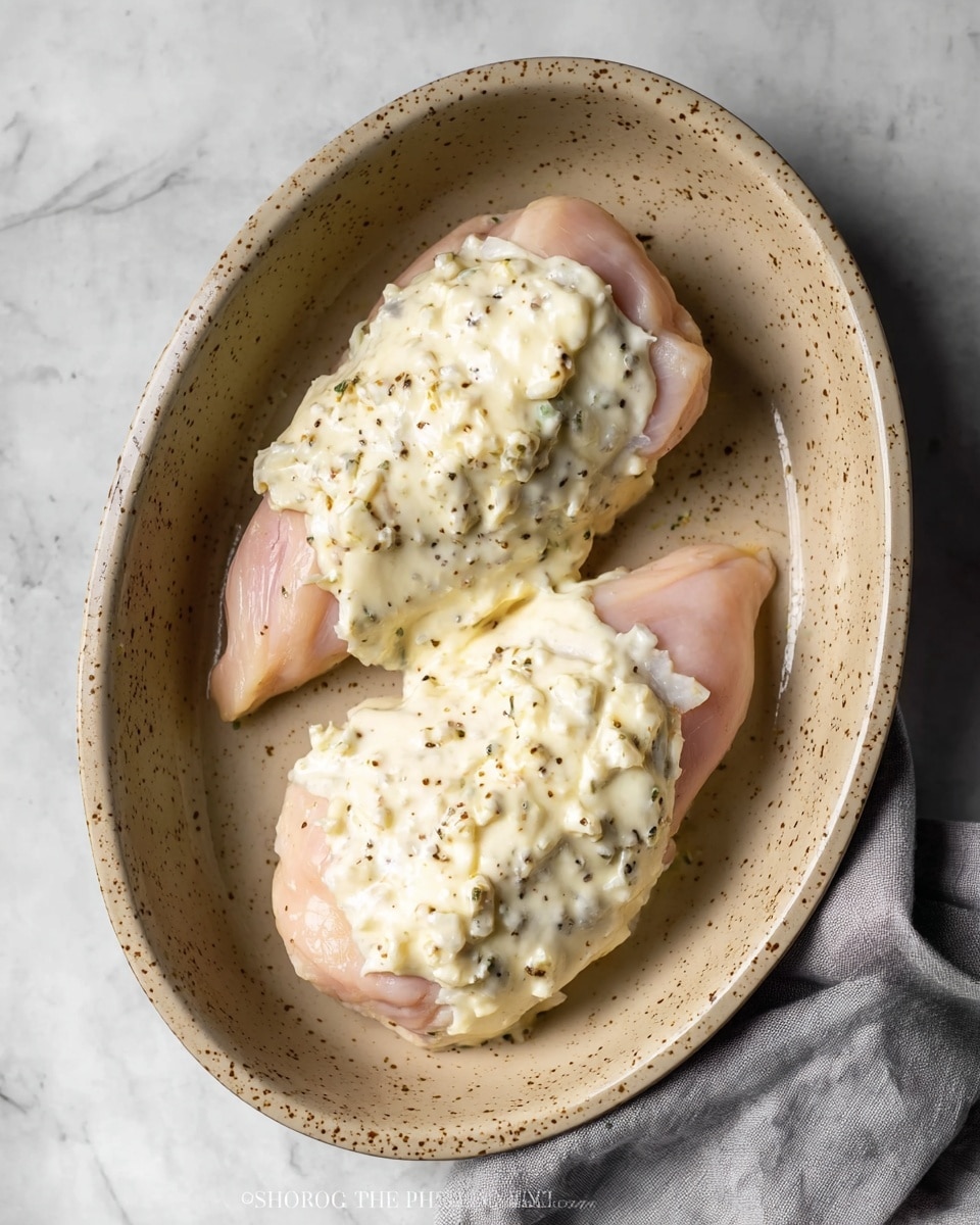 The image shows two raw pieces of light pink chicken placed side by side in an oval beige dish with small brown speckles. Each piece is topped with a thick, creamy white mixture that has visible small chunks and tiny black pepper specks spread unevenly across the surface. The dish sits on a white marbled surface, with a folded grey cloth napkin partially visible on the right edge. photo taken with an iphone --ar 4:5 --v 7