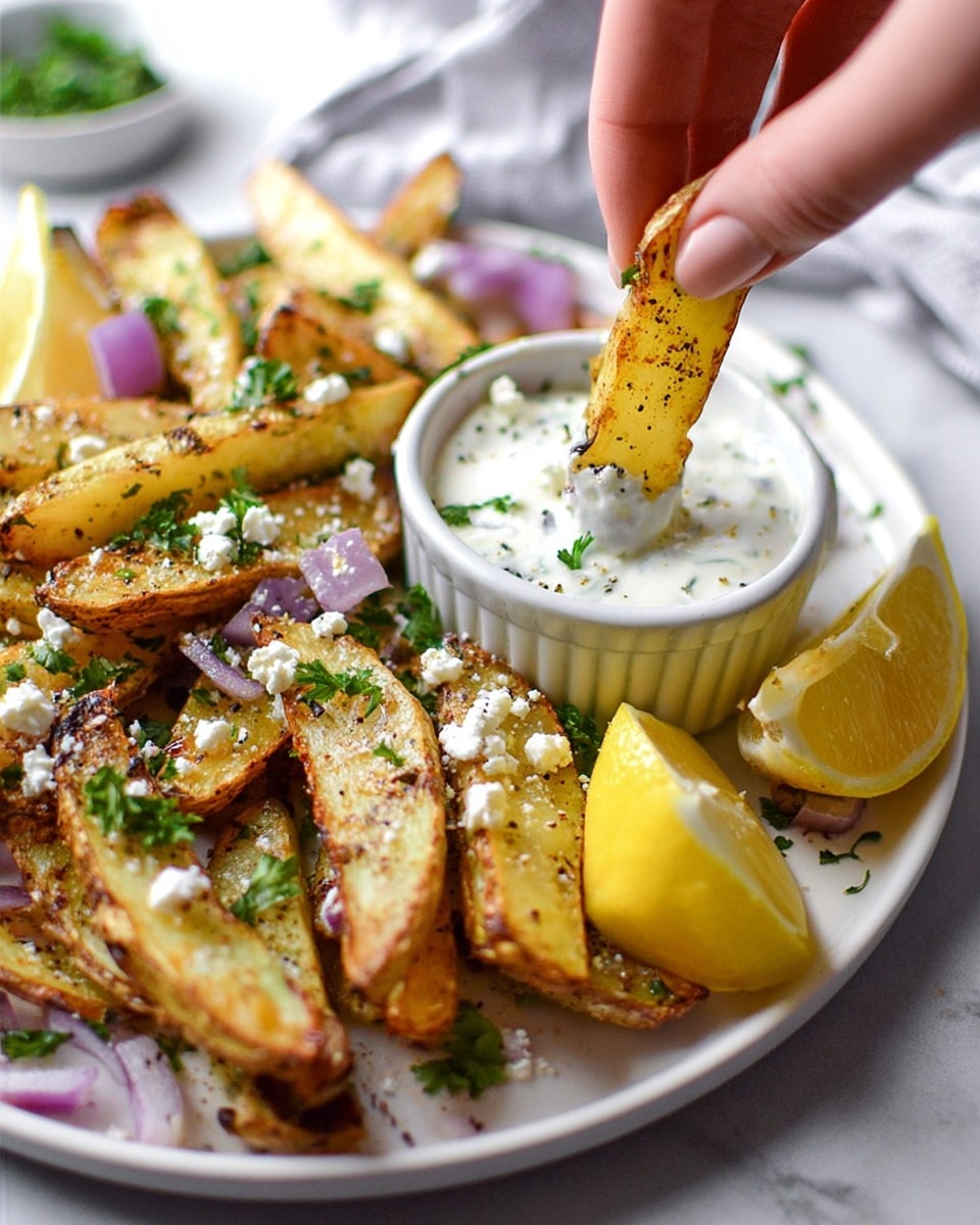 A white plate holds a pile of golden baked potato wedges sprinkled with small white crumbles and chopped green parsley, along with scattered pieces of light purple onion. On the plate near the wedges are two yellow lemon wedges. A small white bowl filled with creamy white sauce with green herbs sits on the plate. A woman's hand is dipping one potato wedge into the sauce, with the white marbled surface underneath. photo taken with an iphone --ar 4:5 --v 7