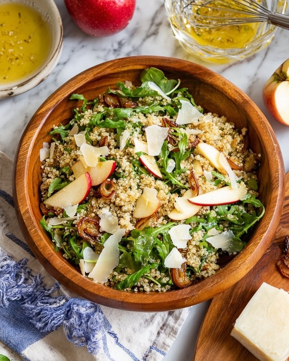 A wooden bowl filled with a salad made of light beige quinoa as the base layer, mixed with bright green arugula leaves scattered evenly throughout. Thin slices of red and white apple pieces are placed on top, along with small roasted shallots in a golden brown color. Thin white cheese shavings are spread over the salad, adding texture and detail. The bowl rests on a white marbled surface with a white and blue striped cloth underneath, accompanied by a block of white cheese and a red apple on a wooden board nearby, and a clear glass bowl with a yellow dressing and a silver whisk in the background. Photo taken with an iphone --ar 4:5 --v 7