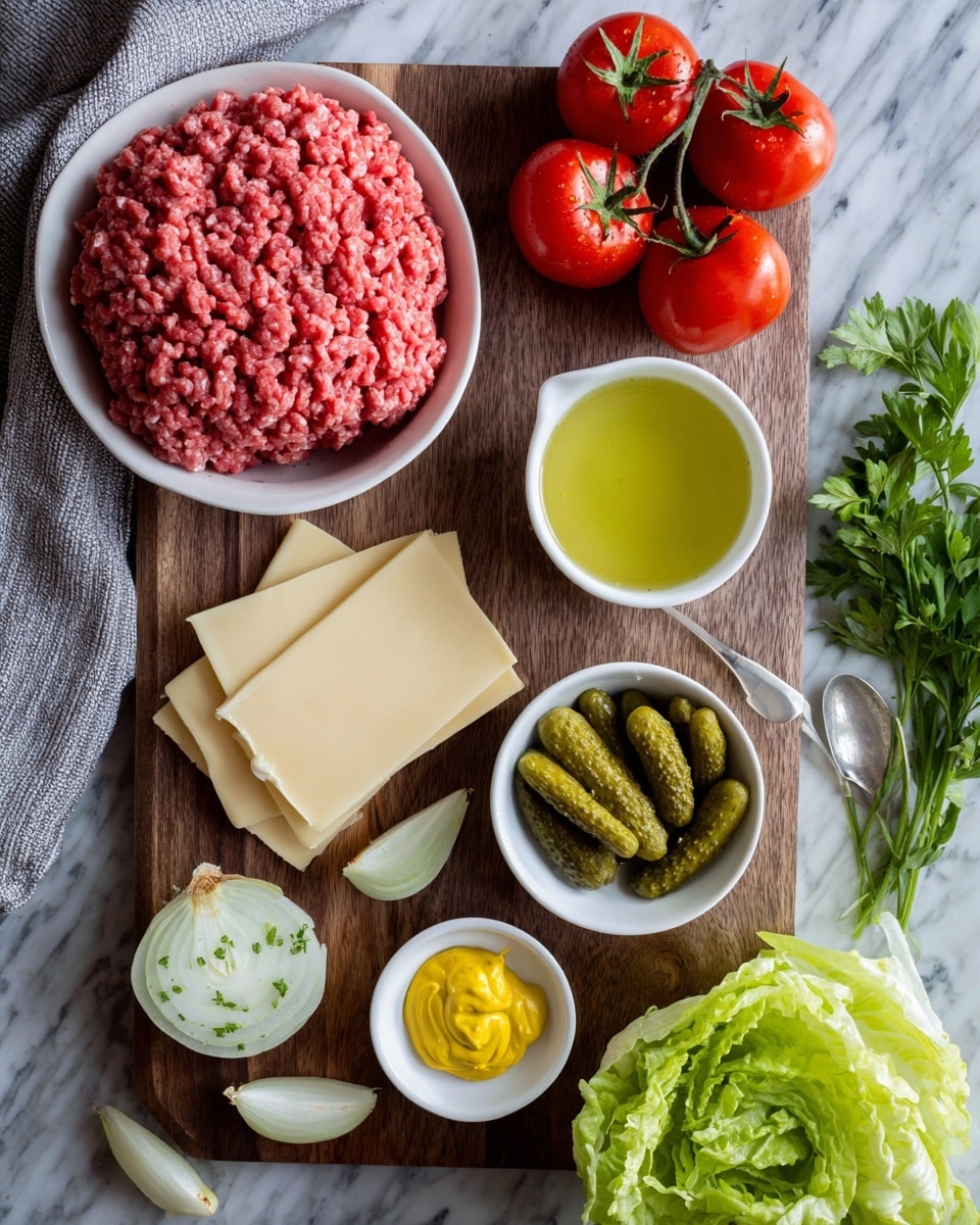 A white bowl filled with raw pink ground beef sits on the top left of a dark wooden cutting board. Next to it on the right are two folded pale yellow cheese slices in a white bowl. Below the cheese on the board is a small white bowl of light green-yellow avocado oil. To its right is a white bowl holding four green pickles. On the right side at the top is a white bowl of pale secret sauce topped with small green pickle bits and a small spoon, next to a small white bowl with a dollop of bright yellow mustard. At the far right edge of the board are three red tomatoes with green stems placed closely together. On the bottom left side of the board lie two halves of a light yellow onion. To the right on the edge of the white marbled surface is a bunch of green lettuce leaves. Part of a woman's hand holding the corner of a gray cloth appears on the left side of the image. The photo is taken with an iphone --ar 4:5 --v 7