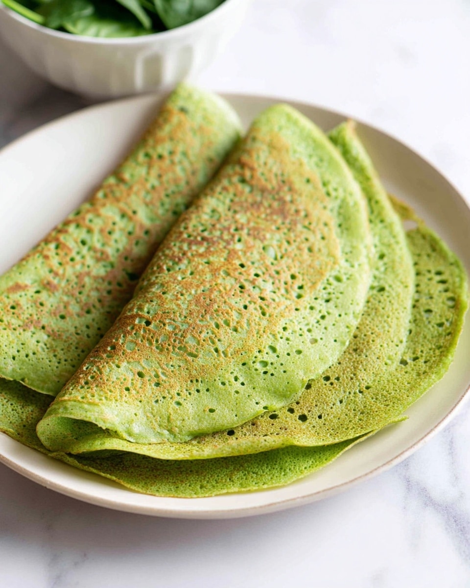 Three thin green crepes with a slightly brown spotted texture are folded in half and placed overlapping on a simple white plate. The crepes show many small holes across their surface, giving a light and airy look. In the background, a white bowl with dark green spinach leaves is partially visible against a white marbled surface. The lighting is soft, highlighting the natural colors of the crepes and spinach. photo taken with an iphone --ar 4:5 --v 7