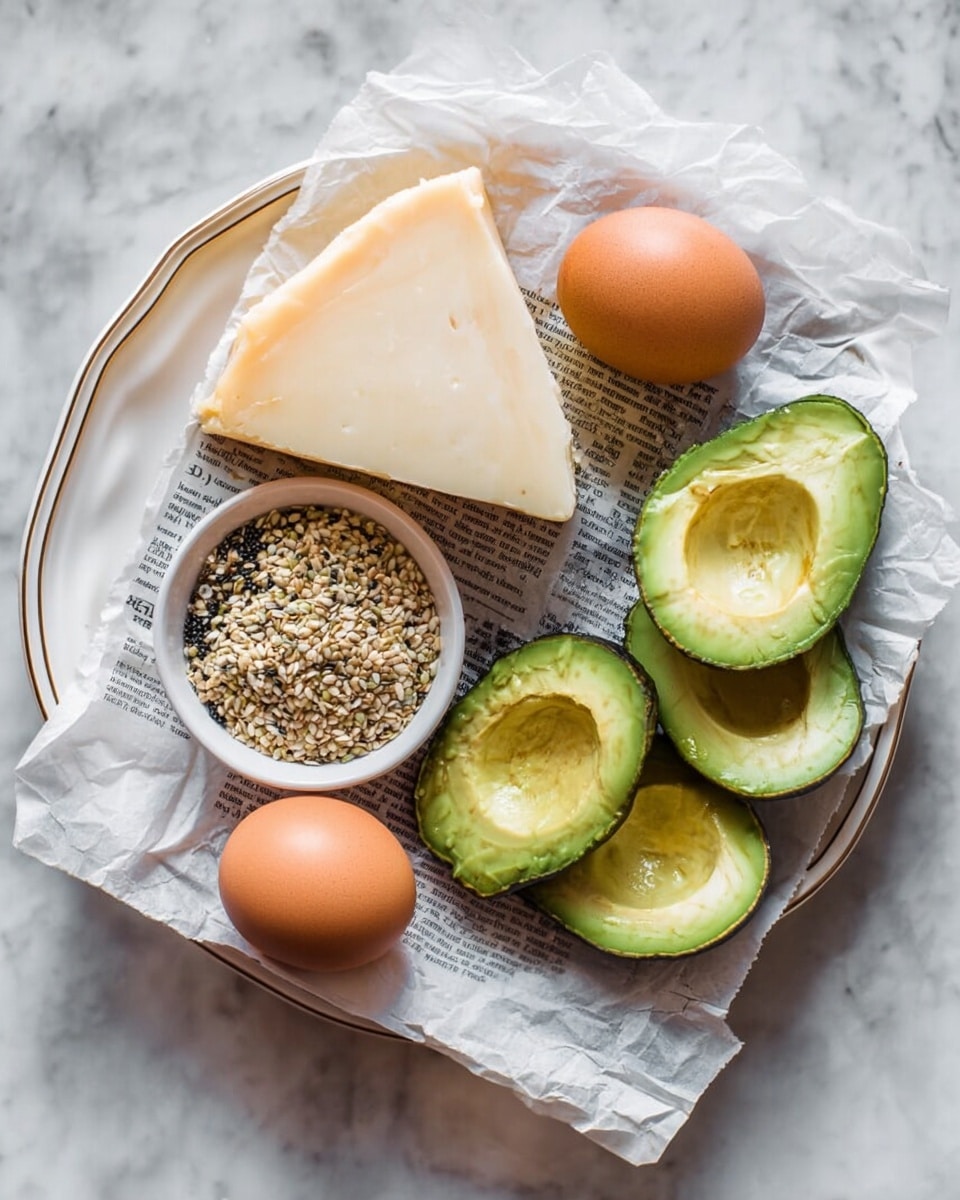 A white plate with a vintage look holds food on crumpled newspaper on top of white parchment paper. There are four avocado halves, bright green and creamy, placed in a cluster on the right side of the plate. Two medium brown eggs with smooth shells sit near the bottom left. Above the eggs is a large wedge of pale beige cheese, triangular in shape with a solid texture. A small round dish filled with mixed seeds, mostly white and beige with some black, is placed near the cheese. The plate is on a white marbled surface. Photo taken with an iphone --ar 4:5 --v 7