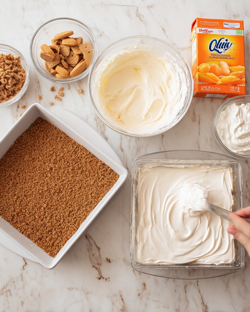 The image shows three steps of making a layered dessert on a white marbled surface. On the left, there is a square baking pan with a thick, even, crunchy brown crust layer made from crushed cookies or biscuits. Above the crust are small whole cookies in a clear bowl and an orange Jell-O box. In the center, a clear glass bowl contains a fluffy, creamy white mixture with a woman's hand adding a dollop of whipped cream or soft white layer on top, showing smooth texture with swirls. On the right, the same square pan now has the white creamy layer spread evenly over the brown crust layer, with a bowl of whipped cream nearby. The whole scene is set in soft natural light. Photo taken with an iphone --ar 4:5 --v 7