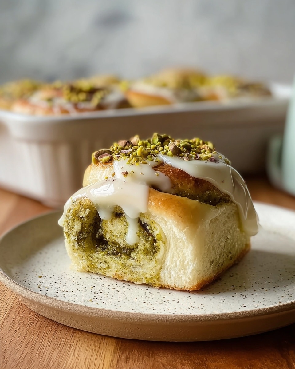 A soft, fluffy pastry roll is shown on a white plate with a light speckled texture, placed on a wooden surface with a white marbled background. The pastry has two main layers: a light golden-brown, smooth and slightly shiny outer bread layer, and a thick, green, textured filling swirled inside. On top of the roll is a thick, glossy layer of white cream, spilling slightly over the sides, and sprinkled with small pieces of chopped pistachios that add a bright green and brown contrast. In the blurred background, a white rectangular dish holds more of the same rolls in soft focus. Photo taken with an iphone --ar 4:5 --v 7