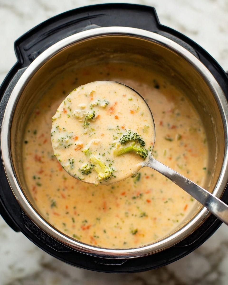 The image shows a close-up of a creamy soup inside a shiny, silver inner pot of a black pressure cooker. A large metal ladle lifts a thick spoonful of the light beige soup filled with small pieces of green broccoli and orange carrot bits, creating a speckled texture. The soup has a smooth, rich consistency with visible vegetable chunks floating throughout. The background is a white marbled surface. photo taken with an iphone --ar 4:5 --v 7