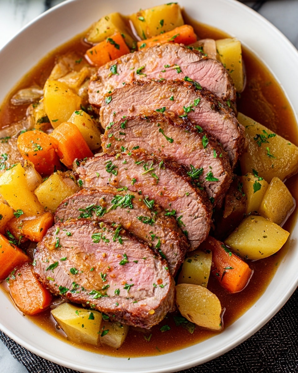 A white plate holds five large slices of medium-rare roast beef arranged in a slightly overlapping stack in the center. The beef has a pinkish-red center with a browned crust on the outside and is topped with a brown sauce dotted with small bits of yellow and green herbs. Around the beef, there are whole pearl onions and round yellow potatoes, all glistening with sauce. The white marbled surface underneath the plate contrasts with the rich colors of the dish. photo taken with an iphone --ar 4:5 --v 7