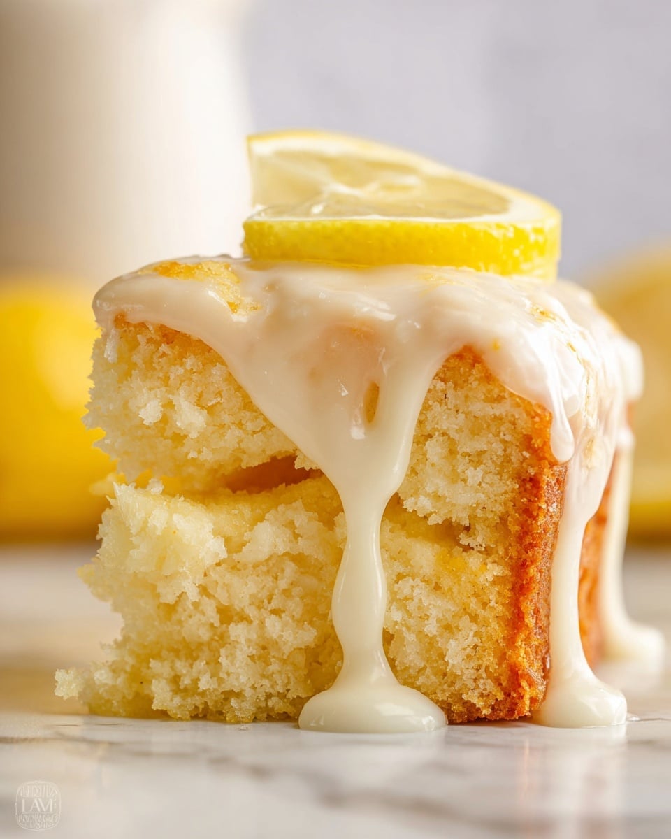 This image shows a close-up of a soft, light yellow cake slice with a creamy, smooth white glaze dripping down its sides. The cake has two visible layers with a moist texture, and the glaze appears thick and shiny, pooling slightly at the bottom. On top of the cake slice, there is a thin, bright yellow lemon wedge adding a fresh look. The cake is placed on a smooth white marbled surface, and the background is softly blurred with light colors. photo taken with an iphone --ar 4:5 --v 7