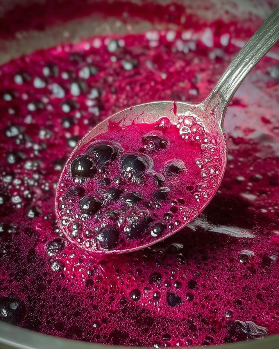 A close-up of a metal spoon holding bright magenta thick sauce with small, round, darker berries inside. The sauce looks bubbly with a shiny, slightly sticky texture and foam on top, sitting in a pan with more of the same sauce, showing a rich mixture of deep pink and purple colors. The surface under the pan is a white marbled texture photo taken with an iphone --ar 4:5 --v 7