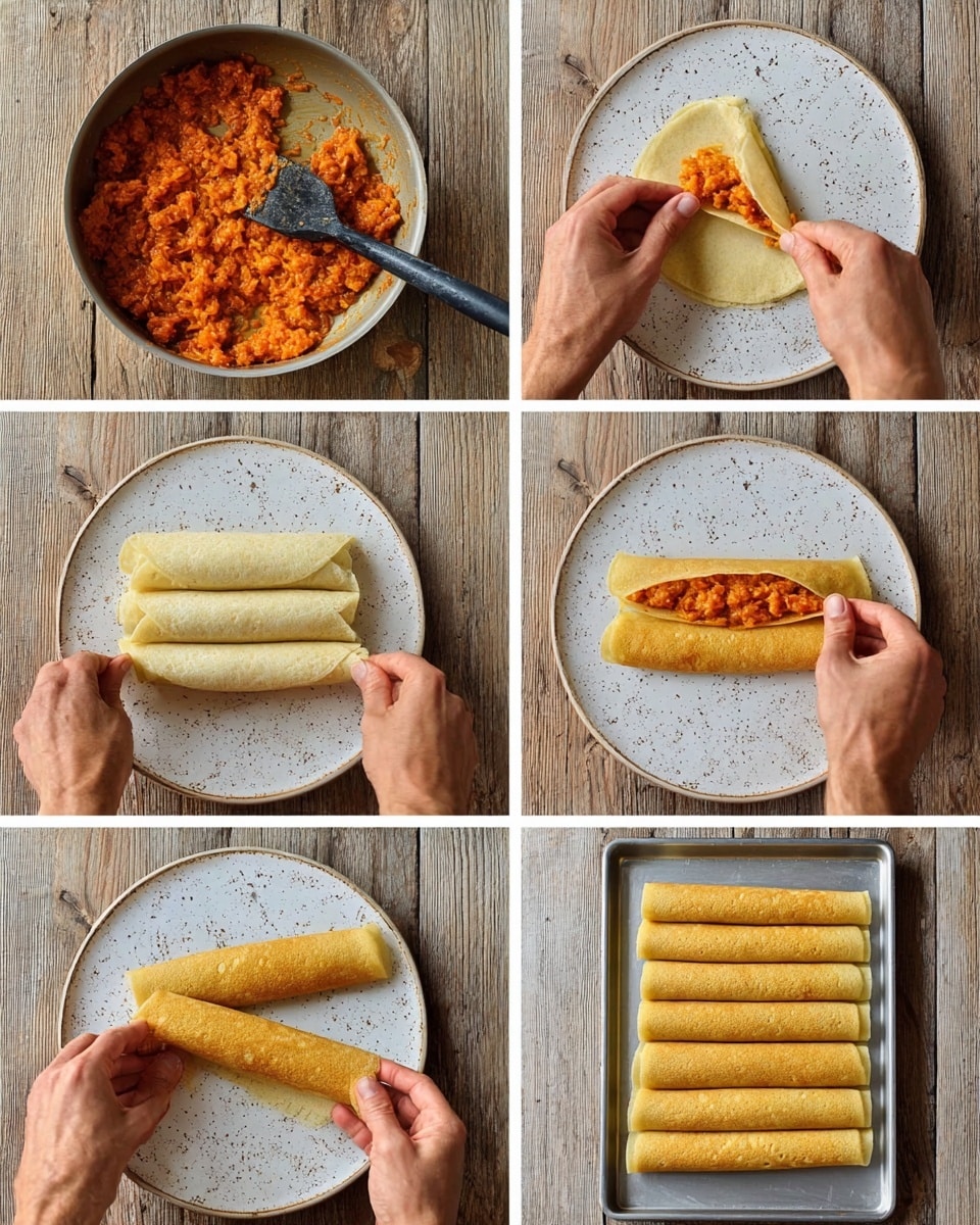 The image shows a baking tray with seven rolled enchiladas placed closely side by side in two neat rows. Each enchilada is wrapped in a thin, golden-yellow tortilla that has crispy, browned spots on the edges and some light bubbles across the surface. The filling peeks out slightly at the ends, showing a warm orange color that suggests a mix of sauce and melted cheese. The tray underneath is lined with a browned parchment paper with some burnt spots around the edges. The background features a white marbled texture. photo taken with an iphone --ar 4:5 --v 7