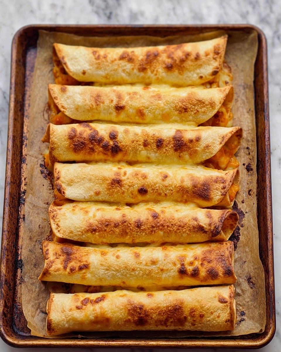 A stack of ten rolled tacos is arranged in two piles on a piece of parchment paper over a rustic wooden board. Each taco is golden brown with a slightly crispy texture, filled with a reddish-orange filling that looks soft and chunky with visible small pieces of ingredients. The tacos are drizzled with a pale yellow creamy sauce and sprinkled with small green herb bits, possibly cilantro or parsley. Above the tacos, a woman's hand holds a spoon that is pouring more of the sauce in thin lines over the stack. In the background, there is a blurred black skillet and a small brown bowl with more sauce, all set atop a white marbled surface. photo taken with an iphone --ar 4:5 --v 7