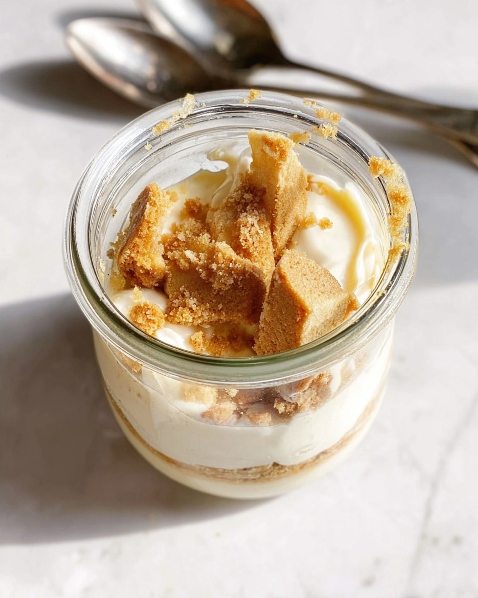 A clear glass jar filled with layers of creamy white pudding at the bottom, topped with uneven pieces of light golden and white crumbled cookies scattered across the surface, creating a rough texture on top. The jar sits on a white marbled surface with two silver spoons placed behind it, catching soft natural light that highlights the smooth and crumbly textures inside the jar. photo taken with an iphone --ar 4:5 --v 7