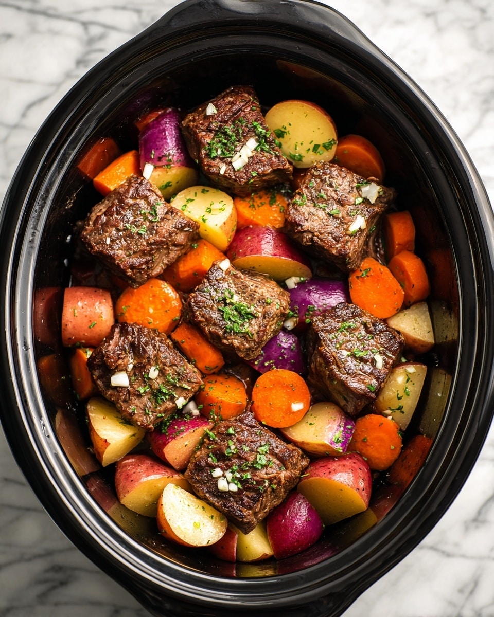 The image shows a close-up of a rich beef stew in a black pot, filled with five large, dark brown, seared beef pieces sitting in a thick, glossy brown broth. Around the beef are chunks of orange carrots and light brown potatoes, partially submerged and coated with sauce. The stew is topped with finely chopped green herbs and a few scattered white sesame seeds, adding a fresh contrast to the warm, earthy colors of the meat and vegetables. The pot is set on a white marbled surface, enhancing the color of the food. Photo taken with an iphone --ar 4:5 --v 7