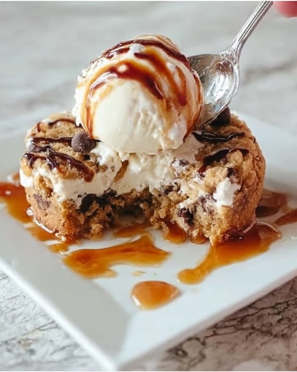 A small round dessert cup with a golden brown crunchy crust forms the base. Inside the cup is a smooth caramel layer topped with white creamy ice cream. The ice cream is drizzled with dark brown chocolate syrup and sprinkled with small dark chocolate chips and crushed cookie pieces. The dessert sits on a white plate, placed on a white marbled surface. photo taken with an iphone --ar 4:5 --v 7