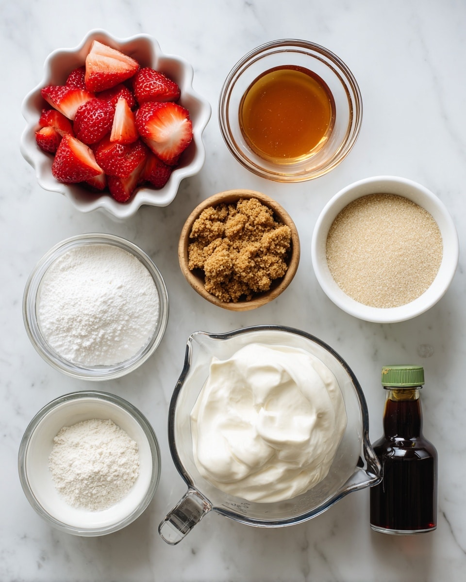 The image shows a top view of small white bowls and containers arranged on a white marbled surface, each holding different ingredients. At the top left, there is a white scalloped bowl filled with sliced red strawberries. To the right, a small glass bowl contains a shiny amber liquid maple syrup. Below the syrup, a small wooden bowl is filled with brown graham crumbs. At the bottom center, there is a metal measuring cup filled with thick white Greek yogurt. To the left of the yogurt, a small clear glass bowl contains white pudding mix powder, and below that, a white bowl with light beige protein powder. Finally, to the right of the yogurt, there is a dark glass bottle of vanilla extract with a green cap. The clean layout is well lit, showing clear textures and colors of each ingredient. Photo taken with an iphone --ar 4:5 --v 7