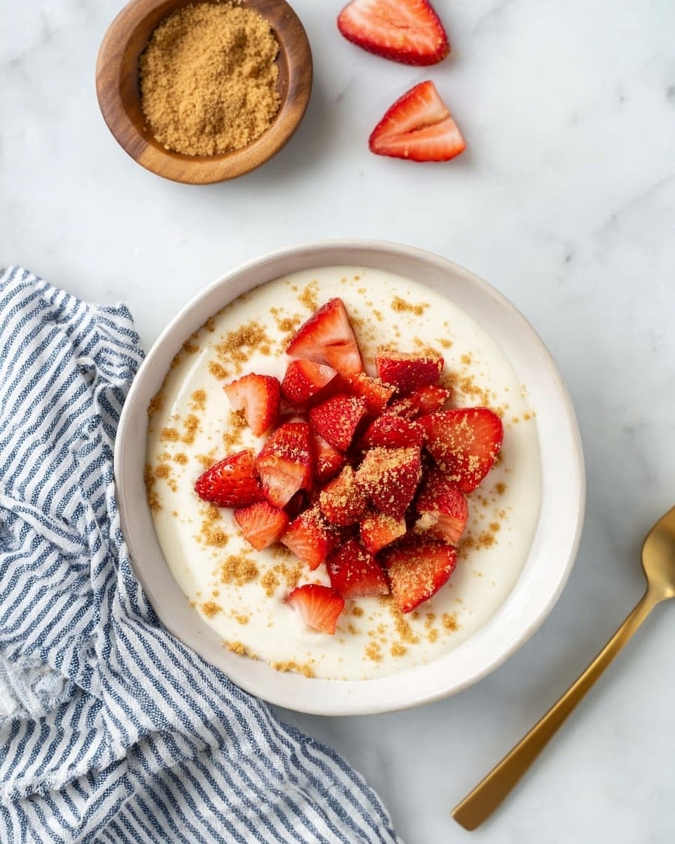 A white bowl holds a creamy white layer of smooth yogurt spread evenly at the base. On top, in the center, there is a pile of bright red sliced strawberries, cut into small, triangular pieces. Light brown crumbly powder is sprinkled over the strawberries and scattered gently onto the yogurt around the edges. The bowl is placed on a white marbled surface with a small wooden bowl of the same brown powder nearby and a few strawberry slices above it. A blue and white striped cloth is draped partially under the bowl, and a golden spoon lies to the right. Photo taken with an iphone --ar 4:5 --v 7