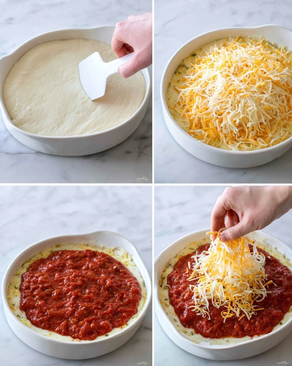 The image shows a four-step process of making a layered dish in a white ceramic pie dish on a white marbled surface. The first layer is a smooth white mixture evenly spread inside the dish. The second layer is a thick, chunky red tomato sauce with bits of green herbs, spread evenly over the white base using a white spatula. The third layer is a generous heap of mixed yellow and white shredded cheese being poured on top of the red sauce, covering it almost completely. The fourth image shows a woman's hand gently pressing the cheese to spread it evenly over the sauce, creating a textured, colorful top layer. photo taken with an iphone --ar 4:5 --v 7