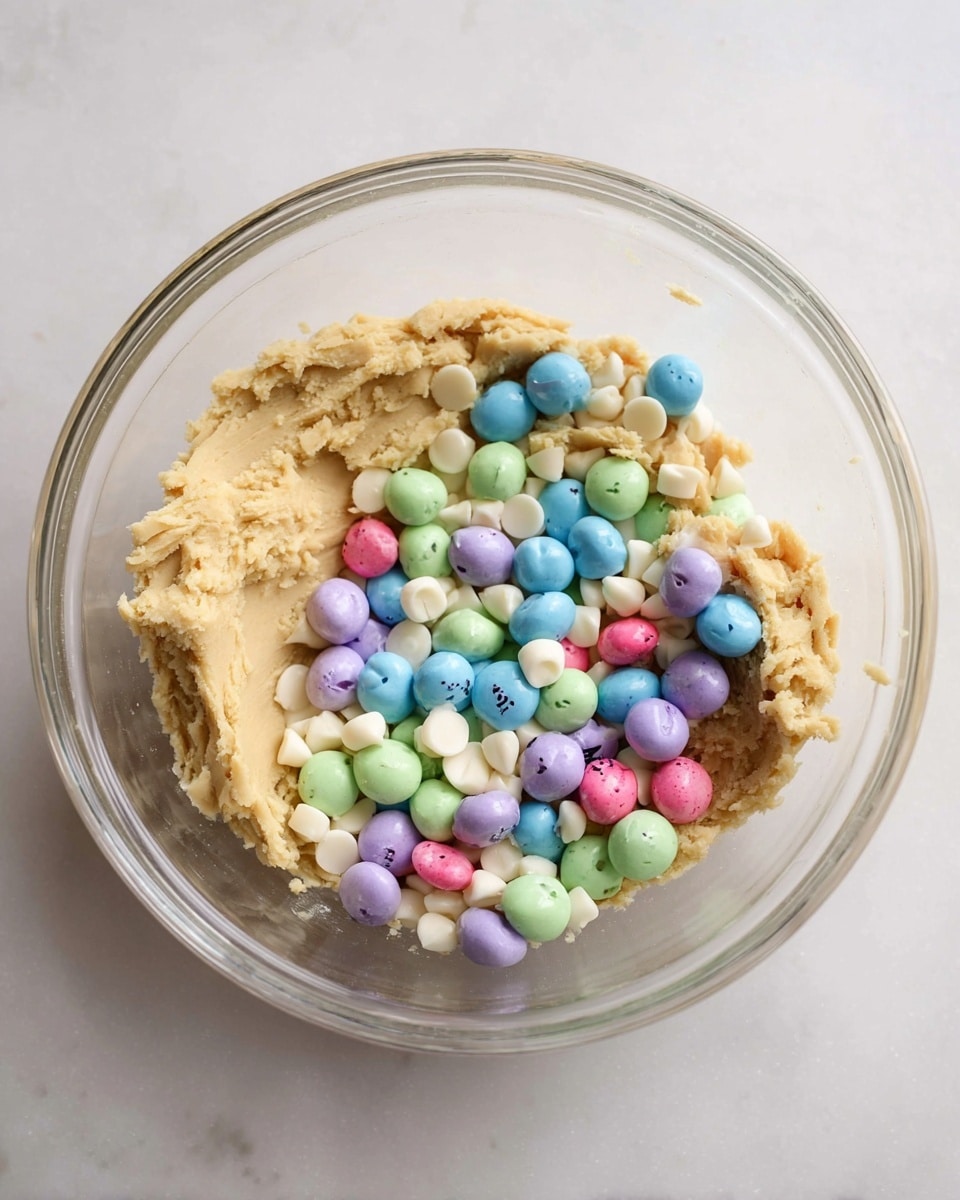 A stack of four colorful cookies is shown, each thick and soft with a light golden brown color. The cookies are covered in small round and cylindrical sprinkles in bright colors like pink, yellow, blue, purple, and green. Some cookies are broken open, revealing a creamy white filling and pieces of chocolate inside. The stack sits on a white marbled surface with a few pastel-colored candy buttons scattered around. The background is softly blurred, focusing attention on the vibrant cookies. photo taken with an iphone --ar 4:5 --v 7