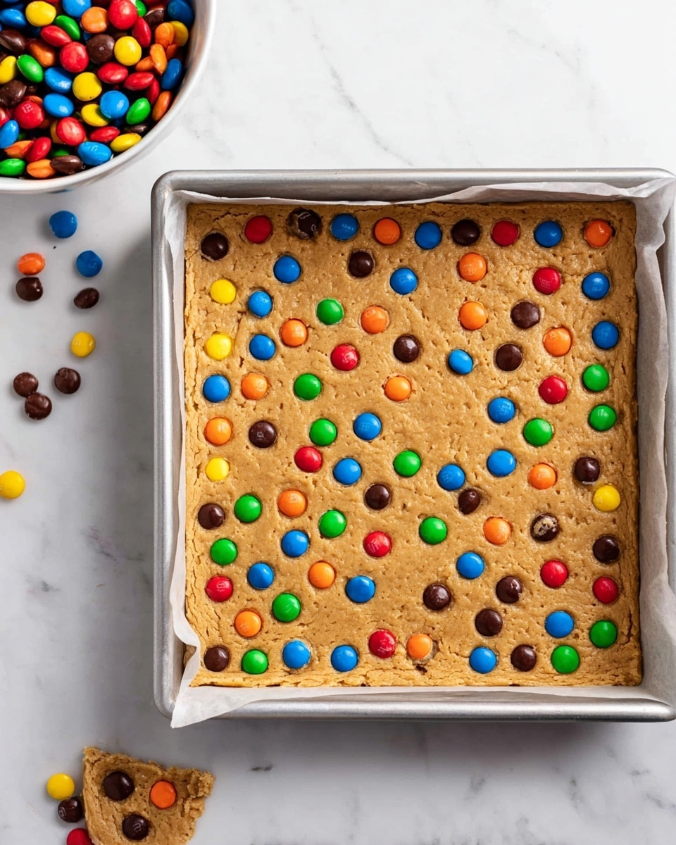 A single thick square layer of light brown cookie dough with a smooth, slightly textured surface is spread evenly inside a metal baking tray lined with parchment paper. The dough is topped with numerous colorful candy-coated chocolates scattered evenly across the entire surface, featuring red, green, yellow, orange, blue, and brown pieces. In the top left corner of the image, there is a white bowl filled with more of the same colorful candy-coated chocolates, and a few loose pieces are placed on the white marbled surface nearby. The background is a white marbled texture. Photo taken with an iphone --ar 4:5 --v 7
