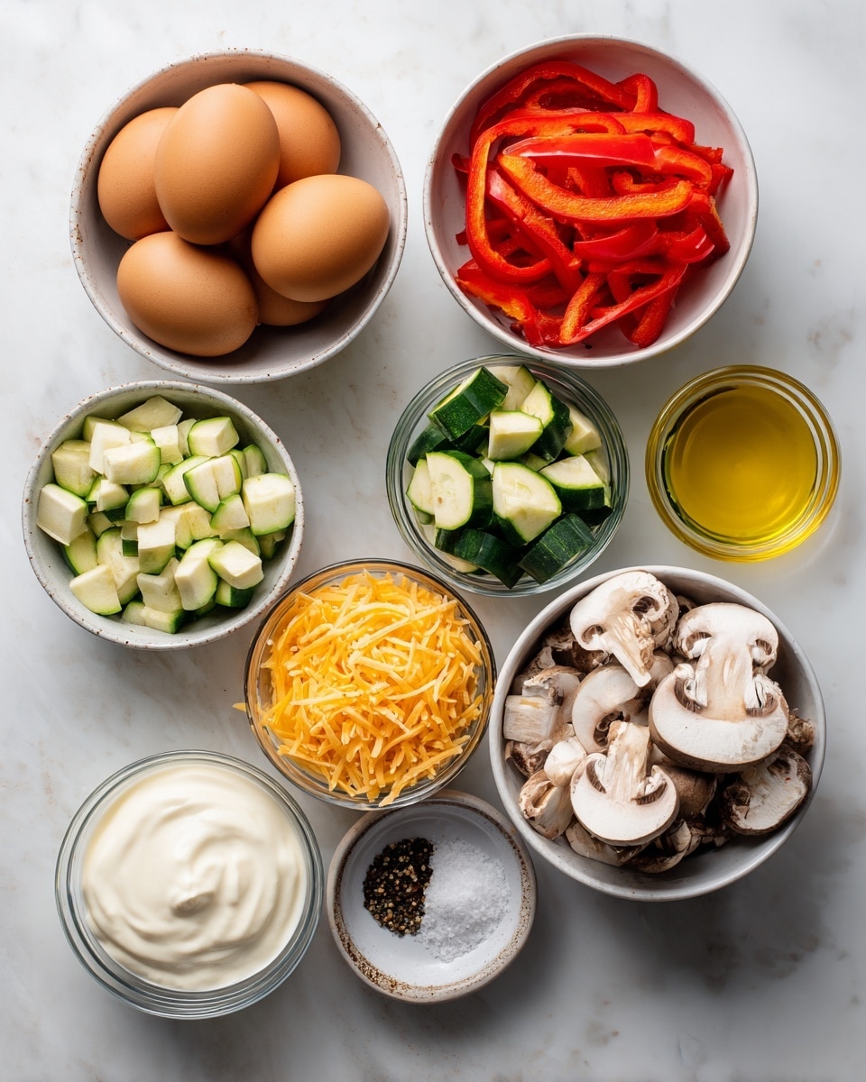 The image shows eight white bowls arranged on a white marbled surface, each filled with different ingredients. Starting from the top left is a bowl filled with smooth brown eggs, followed by a bowl of bright red bell pepper strips on the right. Below the eggs is a bowl with light green zucchini chunks, next to it a bowl with fine shredded orange cheddar cheese, and to the right are sliced brown mushrooms with white interiors. Below the peppers and to the right of the cheese are two small bowls, one filled with white sea salt and the other with coarse black pepper. Between the peppers and salt is a small glass cup filled with creamy white heavy cream, next to it on the right is a similar glass cup filled with yellow olive oil. The setup is neat, colorful, and clean, with the bright, fresh ingredients standing out against the white marbled surface photo taken with an iphone --ar 4:5 --v 7
