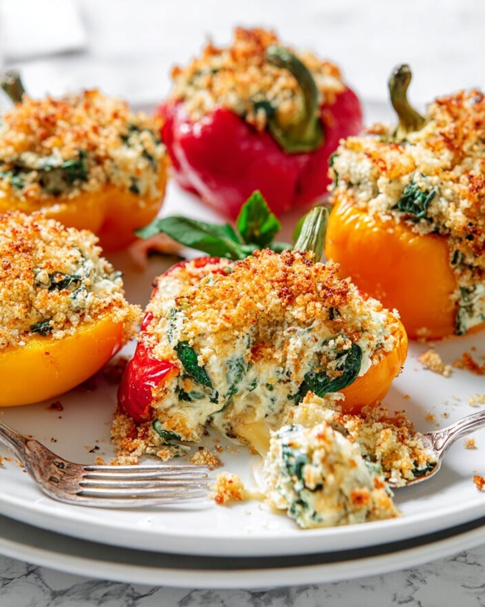 The image shows several stuffed mini bell peppers on a white plate with a white marbled background. Each pepper is halved and filled with a creamy white mixture that includes green spinach pieces, topped with a golden brown crumbly layer of toasted breadcrumbs. The peppers vary in color, including bright red, yellow, and orange, making a colorful and inviting display. One pepper half is cut, showing the creamy filling inside with visible green spinach, and there are small crumbs scattered around the plate. A fork lies at the edge of the plate, hinting at the dish being ready to eat. photo taken with an iphone --ar 4:5 --v 7