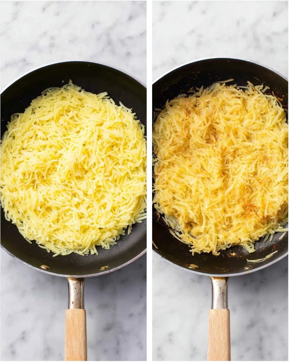 The image shows two views of a black pan on a white marbled surface, each filled with a thick layer of shredded yellow potatoes. In the left view, the potatoes form an even, flat layer covering the entire surface of the pan. In the right view, the potatoes appear slightly stirred, with a less smooth layer and a few golden-brown spots showing through, giving a textured look. The black pan has a light wooden handle visible at the bottom. photo taken with an iphone --ar 4:5 --v 7