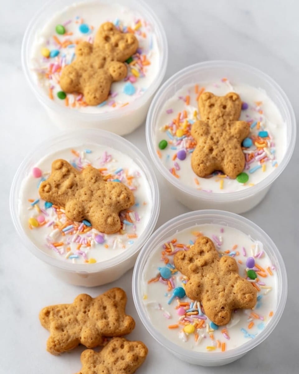 The image shows four white plastic containers arranged on a white marbled surface. Each container holds a dessert with two layers: a bottom layer of white creamy yogurt topped with colorful sprinkles in pastel shades like pink, orange, green, yellow, and blue. On top of the yogurt in three of the containers, light brown teddy bear-shaped cookies are placed, with one additional cookie sitting separately on the surface. The cookies have a textured, rough surface with visible tiny dots and grooves. The scene is bright, clean, and simple. Photo taken with an iphone --ar 4:5 --v 7