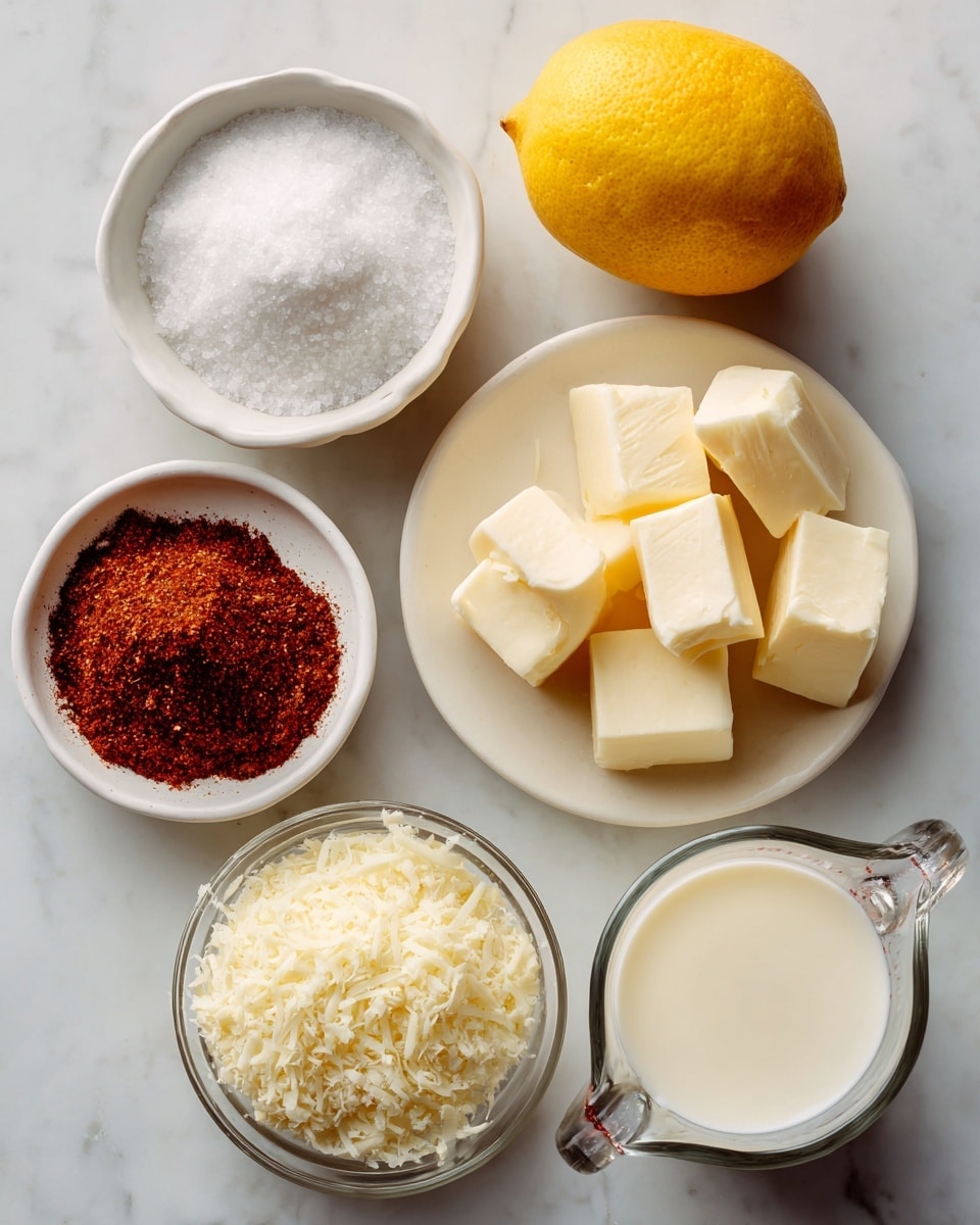 The image shows six ingredients arranged on a white marbled surface. At the top left, there is a small white bowl filled with coarse white kosher salt. To the right of it, there is a bright yellow lemon. Below the salt, there is a small white bowl filled with reddish-brown Cajun seasoning that has a slightly coarse texture. To the right of this bowl, there is a white plate holding several pale yellow cubes of unsalted butter. At the bottom left, there is a small clear bowl filled with finely grated off-white Parmesan cheese. On the bottom right, there is a clear glass measuring cup filled with off-white heavy cream. Photo taken with an iphone --ar 4:5 --v 7