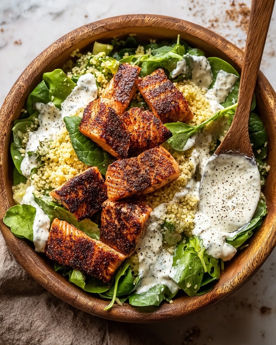 A wooden bowl holds a layered dish starting with fresh, dark green spinach leaves at the bottom. On top of the greens, there is a layer of light yellow cooked grains, which looks fluffy. Five pieces of grilled salmon with a crispy, dark brown crust rest on the grains and spinach. White creamy sauce with black pepper specks is spread over parts of the spinach and grains. A wooden spoon inside the bowl holds some extra creamy sauce with pepper. The bowl is placed on a white marbled surface with some grains scattered around. Photo taken with an iphone --ar 4:5 --v 7