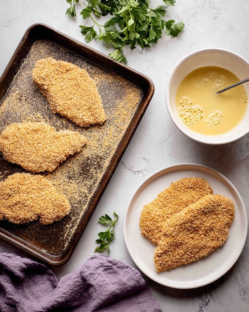 The image shows three chicken cutlets coated in a coarse, light brown breadcrumb mixture on a dark metal baking tray placed on a white marbled surface. Next to the tray, there is a white bowl with a pale yellow beaten egg mixture that has some bubbles on the surface. Below the bowl, a white plate holds two chicken cutlets covered in the breadcrumb mix, resting on a purple cloth. Some green parsley sprigs are scattered around on the white marbled surface, adding a fresh touch. Photo taken with an iphone --ar 4:5 --v 7