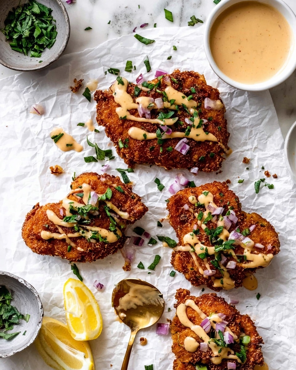 Four pieces of crispy brown fried food are placed on crumpled white parchment paper on a white marbled surface. Each piece has drizzled light tan sauce on top and is sprinkled with small bits of purple onion and green herbs. A small white bowl filled with creamy sauce is on the top left, next to some chopped green herbs in a gray bowl. Lemon wedges and scattered green leaves surround the fried pieces. A gold spoon with sauce spilled around it rests in the bottom right corner. photo taken with an iphone --ar 4:5 --v 7
