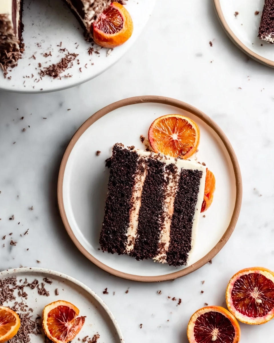 The image shows a slice of dark chocolate cake with three layers separated by light cream filling on a white plate with a thin brown rim. The cake slice is topped with a round, caramelized orange slice. Around the plate, there are scattered chocolate crumbs and halved blood oranges with bright red and orange inside. The background is a white marbled surface. Part of a round white cake plate with the rest of the cake and cake crumbs is visible near the top. photo taken with an iphone --ar 4:5 --v 7