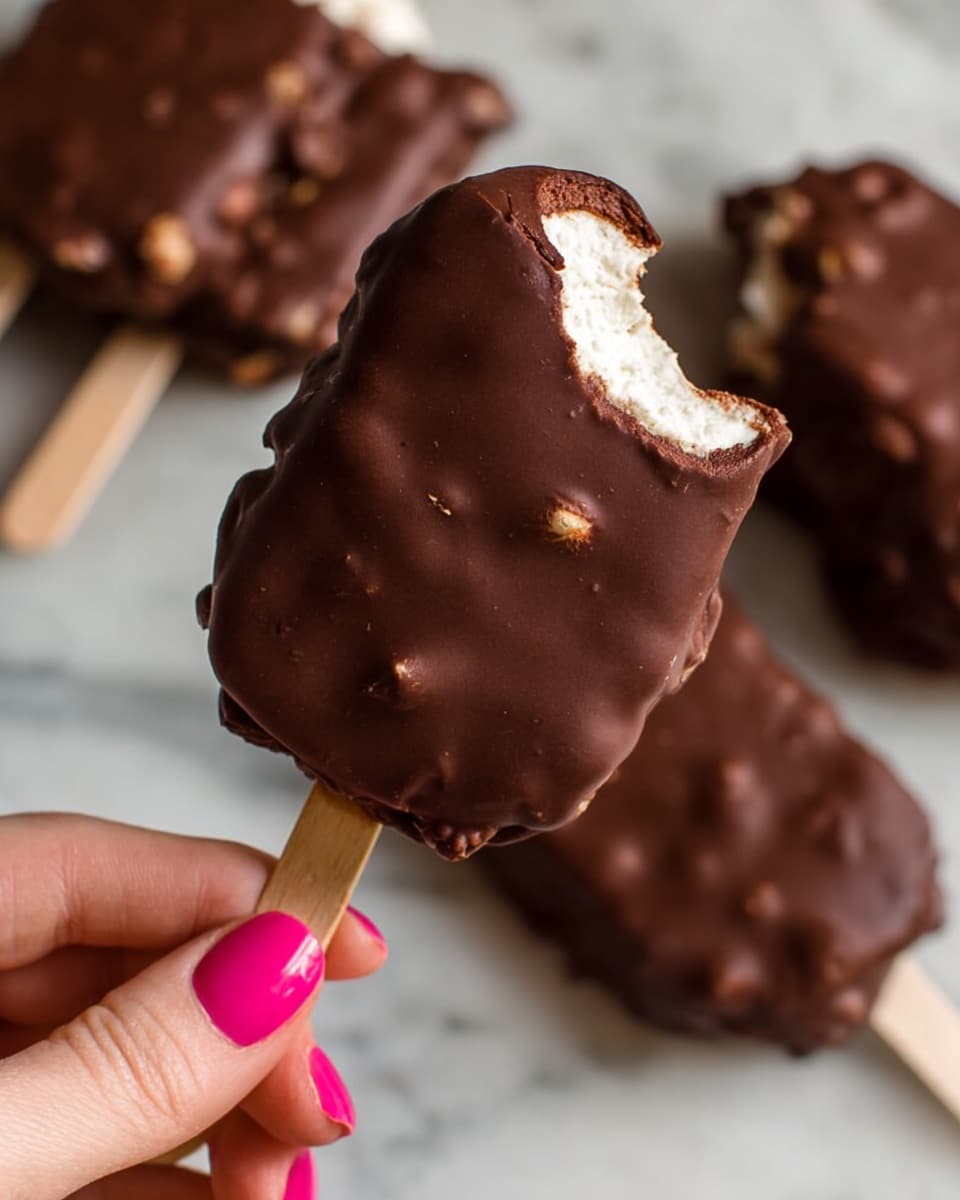 A woman's hand with bright pink nail polish is holding a chocolate-covered ice cream bar on a wooden stick. The ice cream bar has a thick, smooth dark brown chocolate coating with small nut pieces visible on the surface. A bite is taken from the top right corner, revealing the creamy white vanilla ice cream inside. In the background, there are more chocolate-covered ice cream bars lying on a white marbled surface. The lighting highlights the texture of the chocolate and the creamy inside of the bite. Photo taken with an iphone --ar 4:5 --v 7