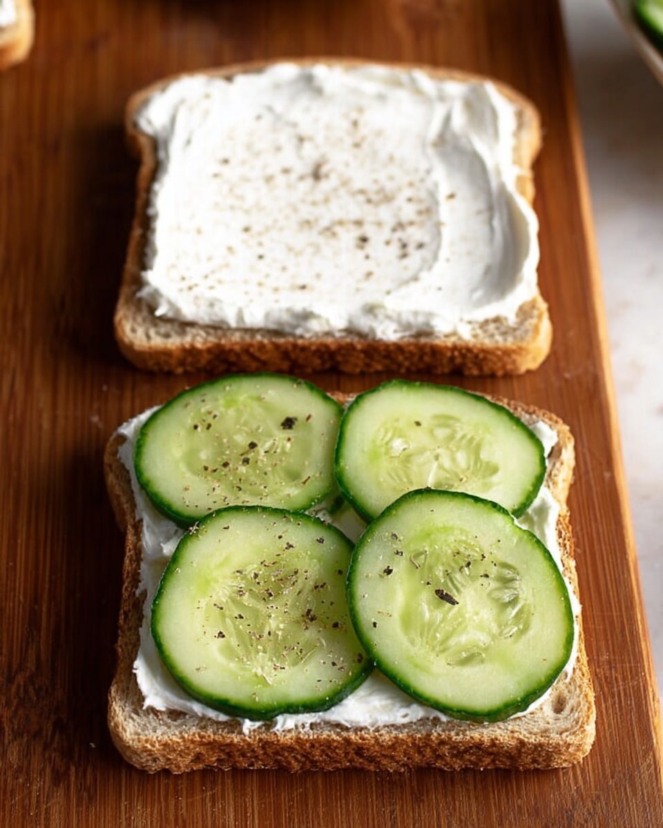 Two slices of whole wheat bread are shown on a wooden board, each spread with a thick layer of white cream cheese. One slice on the left is plain with just the cream cheese, while the slice on the right has six thin, round cucumber slices evenly placed on top, with a light sprinkle of black pepper on the cucumbers. The texture of the bread is soft with a brown crust. photo taken with an iphone --ar 4:5 --v 7