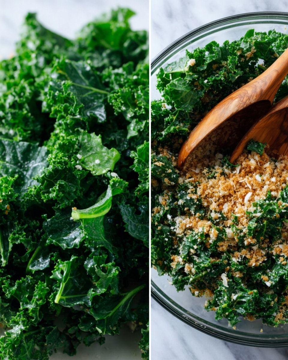 The image shows two close-up views of a fresh kale dish on a white marbled surface. On the left, there is a tight shot of bright green, curly kale leaves with a slightly shiny texture showing their veins and ruffled edges. On the right, a clear glass bowl holds chopped kale mixed with light brown breadcrumbs and white cheese bits, stirred with two wooden spoons, giving the mix a textured and uneven look. Photo taken with an iphone --ar 4:5 --v 7