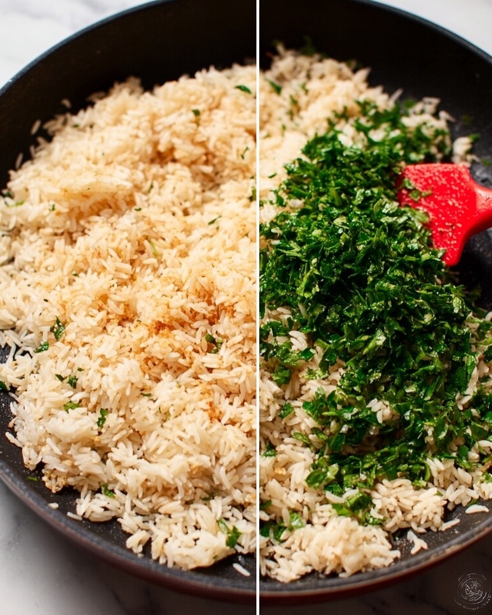 The image shows a close-up of a black pan on a white marbled surface, filled with light golden toasted rice. In the right side of the image, fresh green chopped herbs are added on top of the rice, along with a red spatula stirring the mixture. The rice has a soft, slightly fluffy texture with some grains showing a golden brown toast. The fresh herbs add a bright green contrast to the pale rice, and some steam rises gently from the pan. photo taken with an iphone --ar 4:5 --v 7