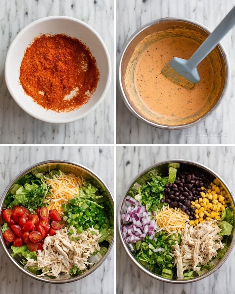 The image shows the ingredients for a salad arranged neatly on a white marbled surface. At the top left, there is a split romaine lettuce with bright green and whitish layers. Surrounding it, there are small white bowls filled with different ingredients: black beans in dark purple-black, shredded chicken in pale beige, ranch dressing in creamy white, corn kernels in yellow and white, tortilla strips in light orange, grape tomatoes in shiny red, shredded cheese in bright orange, sliced red onion in purple and white, chopped green onions in vibrant green, fresh cilantro leaves in dark green, and a small bowl of reddish-brown taco seasoning. To the right, two lime halves show a bright green outside and a juicy lighter green inside. The composition is clean and fresh, with different colors and textures in separate bowls, photo taken with an iphone --ar 4:5 --v 7