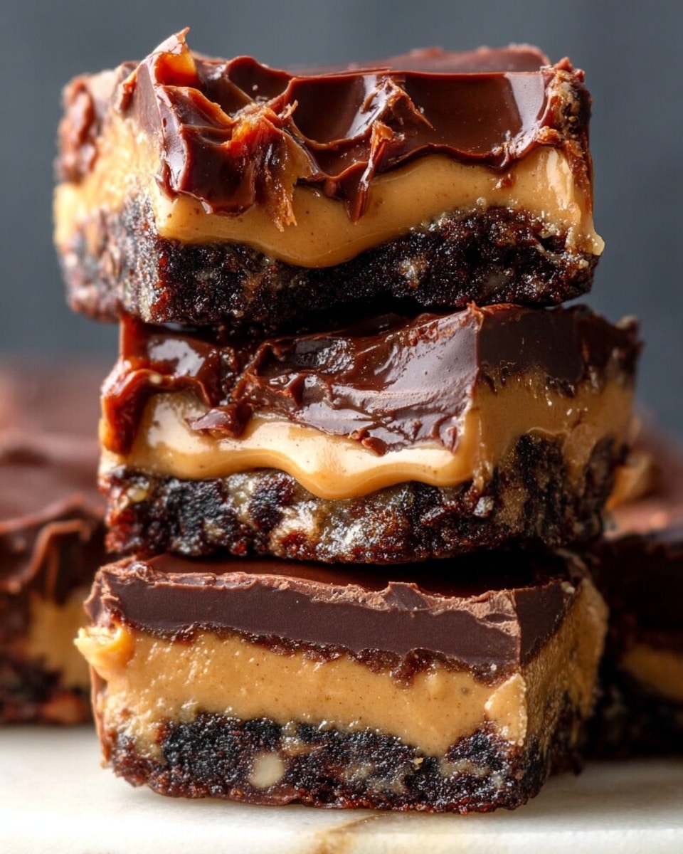 A close-up image showing a woman's hand holding two halves of a thick snack bar. The bar has three main layers: the outer shell is smooth, dark chocolate with a shiny texture; inside there is a soft, creamy peanut butter layer that is light brown and slightly sticky; and in the center are whole, light beige nuts surrounded by a dark, chewy date filling that looks dense and moist. Small white flakes are sprinkled on the top edge of the chocolate. The background is a white marbled texture. photo taken with an iphone --ar 4:5 --v 7