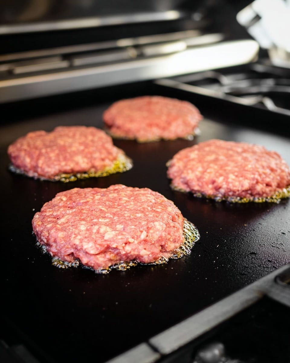 There are four raw hamburger patties cooking on a flat black griddle. The patties are pinkish-red with some white fat spots and are shaped roughly round but not perfect. Each patty has some oil bubbling around the edges, and the griddle surface is smooth and dark. The background shows parts of a stove with metallic elements on the sides, and the lighting is bright, highlighting the texture of the raw meat. photo taken with an iphone --ar 4:5 --v 7