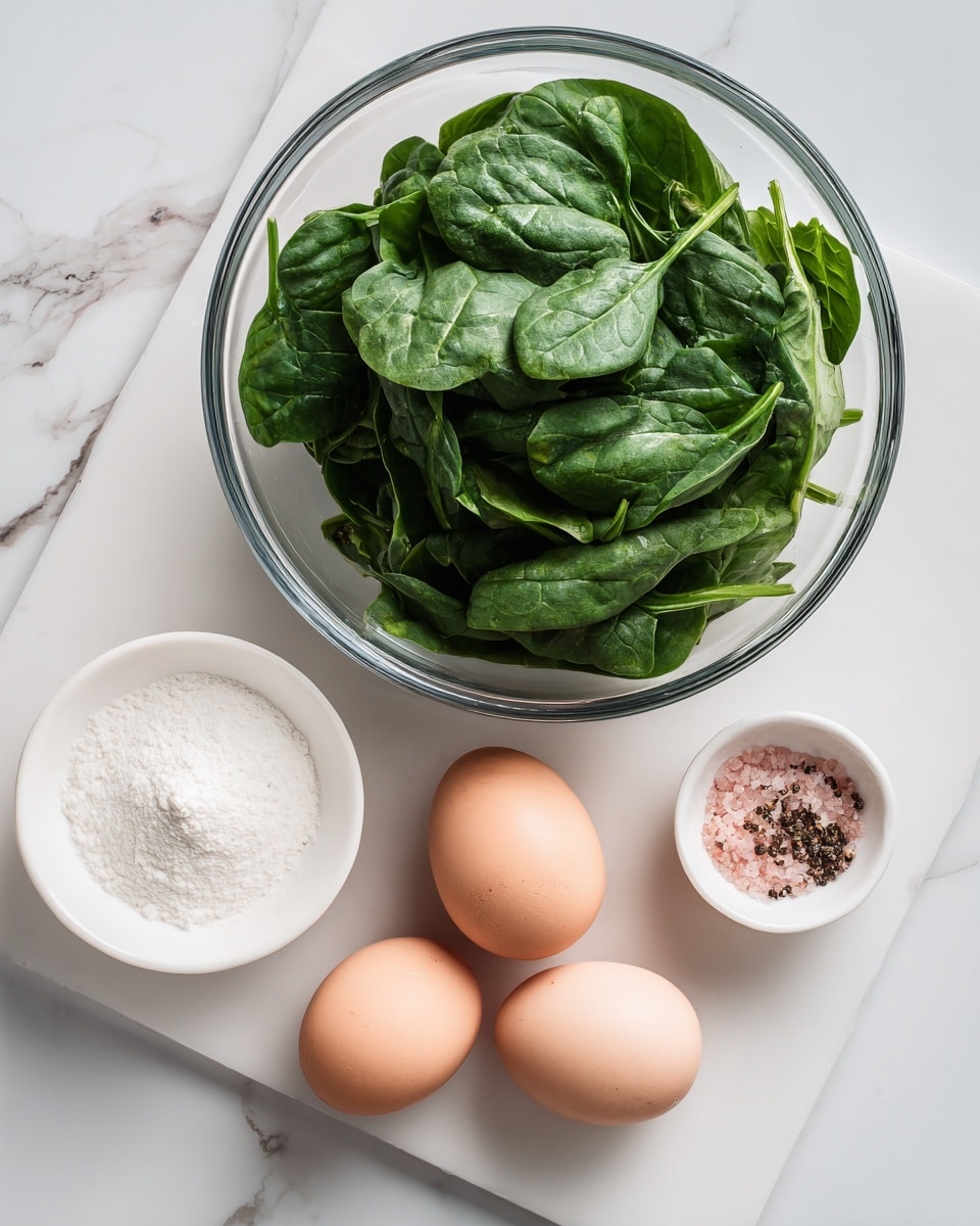 A clear glass bowl filled to the top with dark green raw spinach leaves sits above three brown eggs arranged in a triangle on a white marbled surface. Below the eggs are two small white bowls; the one on the left contains a small amount of white xanthan gum powder labeled optional, and the one on the right holds a mix of pink salt and black pepper. The overall scene is set against a clean white marbled background. Photo taken with an iphone --ar 4:5 --v 7