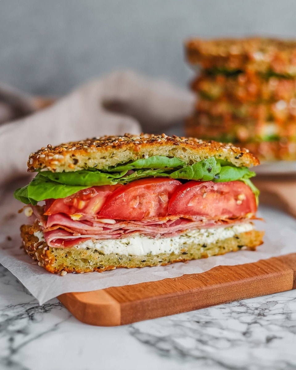 The image shows a sandwich cut in half and placed on a wooden board with a white marbled surface underneath. The sandwich has two thick, golden-brown, and textured bread slices sprinkled with seeds on top. Inside, there are four layers: a bottom layer of creamy white spread, a thick red tomato slice, a thin layer of pink meat, and a bright green leaf of lettuce. In the background, there is a stack of similar seed-topped bread slices and a light grey cloth. The photo taken with an iphone --ar 4:5 --v 7