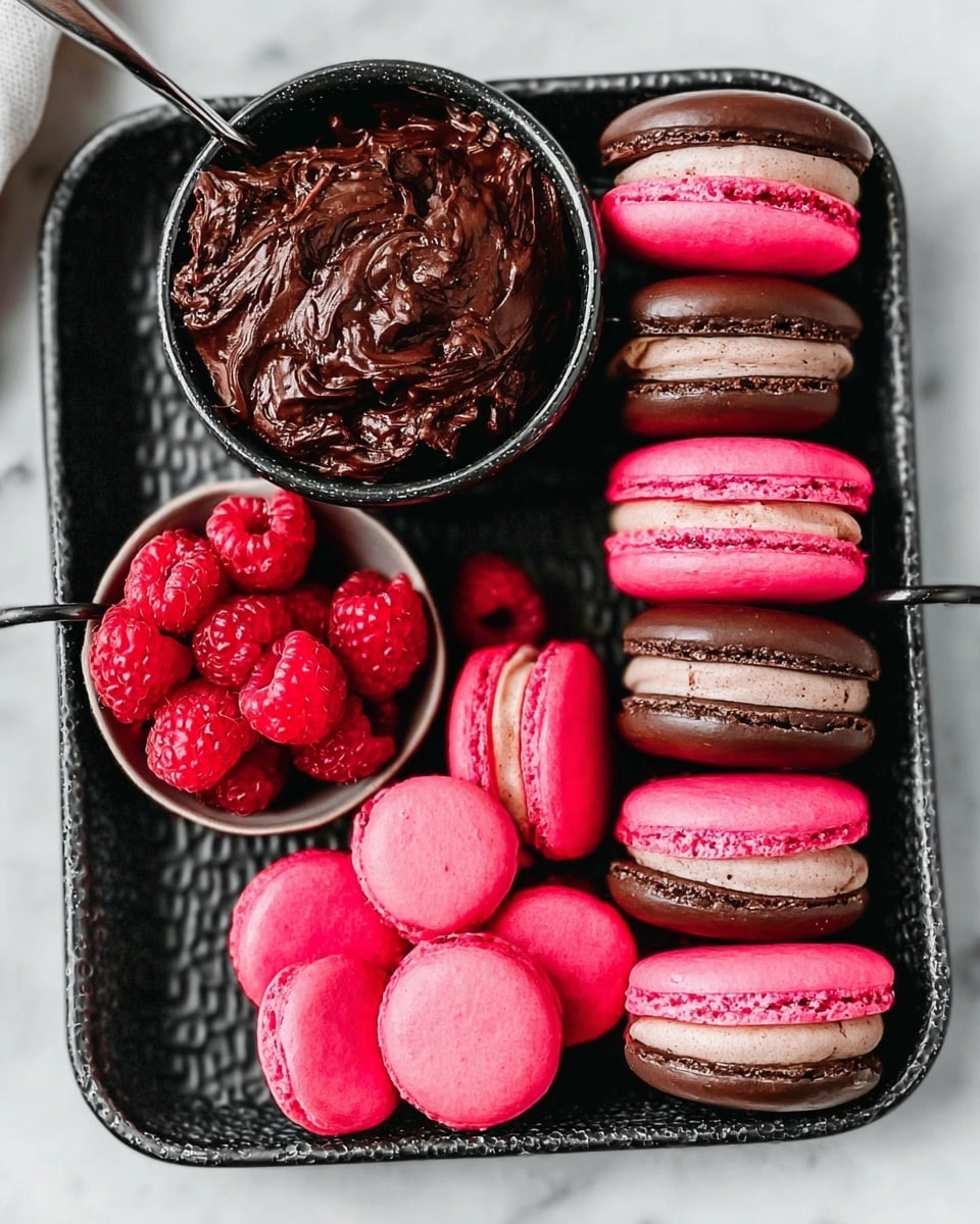 A close-up view of a textured black tray on a white marbled surface holding a neat arrangement of desserts. On the left side, there is a small dark bowl filled with rich, chunky chocolate spread. Below this bowl, a small bowl contains fresh, bright red raspberries. Around the bowls and to the right, there is a row of eight macarons placed vertically, alternating between bright pink macarons with smooth shells and macarons with chocolate coating on top, showing a layered filling of light brown cream. The whole setting is bright with strong contrasts between the dark chocolate, the vibrant pink macarons, and the white marbled background. photo taken with an iphone --ar 4:5 --v 7