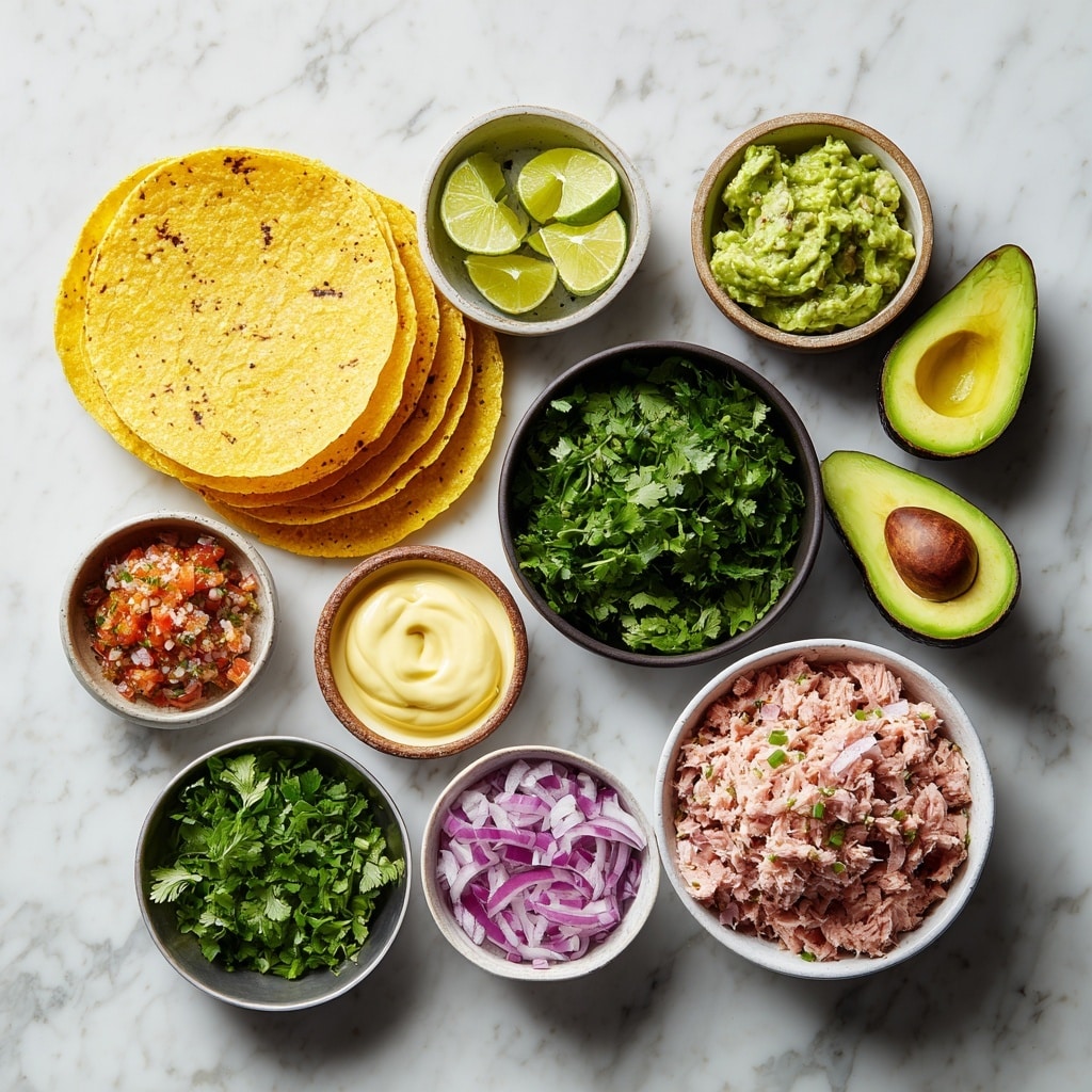 The image shows a close-up of a corn tostada on a white marbled surface. The tostada has three layers: the bottom layer is a golden, crispy corn tortilla, the middle layer is chunky, light green guacamole spread evenly, and the top layer is shredded light pink tuna mixed with small bits of sauce and garnished with small pieces of bright purple-red onion. Around the tostada are small chopped green herbs sprinkled over the surface, and at the bottom left corner, there is a halved lime with its fresh, light green inside visible. The photo taken with an iphone --ar 4:5 --v 7