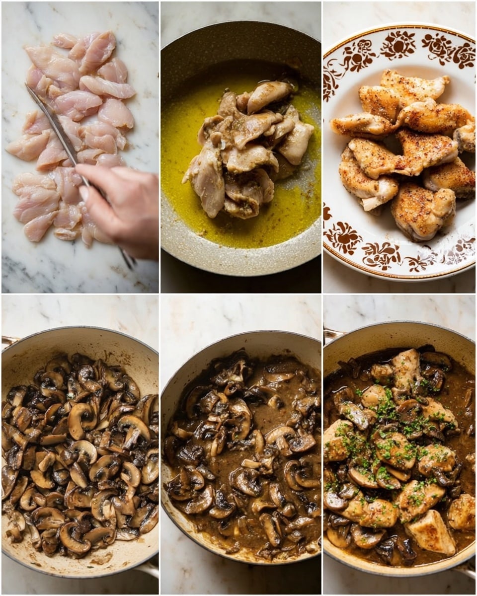 The image shows six steps of cooking chicken with mushrooms. The first part has thin pieces of raw chicken on a white marbled surface with a woman's hand pressing down with a tool. The second part shows raw chicken frying in yellow oil in a pan. The third part has cooked chicken pieces stacked on a white plate with a brown floral pattern. The fourth part shows many sliced brown mushrooms cooking in a pan with steam. The fifth part has cooked chicken added back into a thick brown mushroom sauce in a pot, with a spoon stirring. The last part shows the chicken fully cooked, covered in the brown mushroom sauce with sliced mushrooms on top and green herbs sprinkled. Photo taken with an iphone --ar 4:5 --v 7