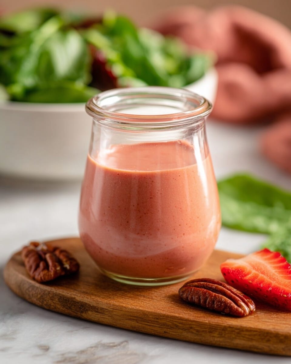 A clear glass jar filled with a smooth, thick, pinkish-red sauce that has small specks inside, placed on a wooden board. Around the jar, there are two pecans at the bottom left and some sliced strawberries at the bottom right. In the background, there is a white bowl filled with green leafy vegetables, slightly out of focus. The surface is a white marbled texture. photo taken with an iphone --ar 4:5 --v 7
