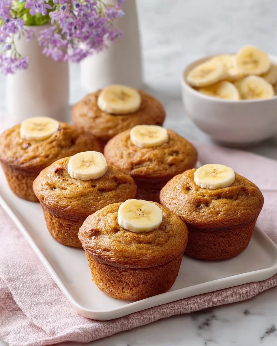 A close-up of a single banana muffin with a textured golden brown top, showing a bite taken out of it to reveal a soft, light beige inside with small air pockets. On top of the muffin is a single round slice of banana with light yellow color and soft texture. The muffin sits on a simple white plate, which is on a white marbled surface. Nearby on the plate are two more banana slices. The background is softly blurred, showing some more muffins and a white vase with small purple flowers. Photo taken with an iphone --ar 4:5 --v 7