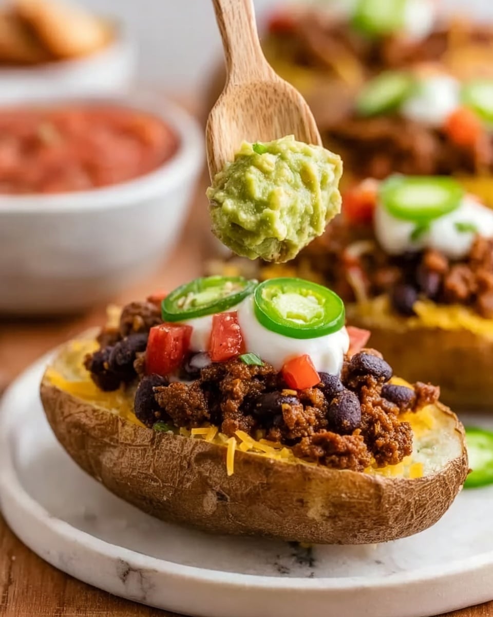 A white plate holds a halved baked potato with a rough brown skin and a soft white inside. On the potato's base is a layer of melted yellow cheese, topped with a thick layer of cooked ground meat mixed with black beans, giving a dark brown and black rough texture. Above this is a dollop of smooth white sour cream, topped by small diced red tomatoes and thin slices of green jalapeño. A wooden spoon held by a woman's hand is placing green guacamole on top. In the background are a white bowl of red salsa and hints of other potato halves, all set on a white marbled surface. photo taken with an iphone --ar 4:5 --v 7