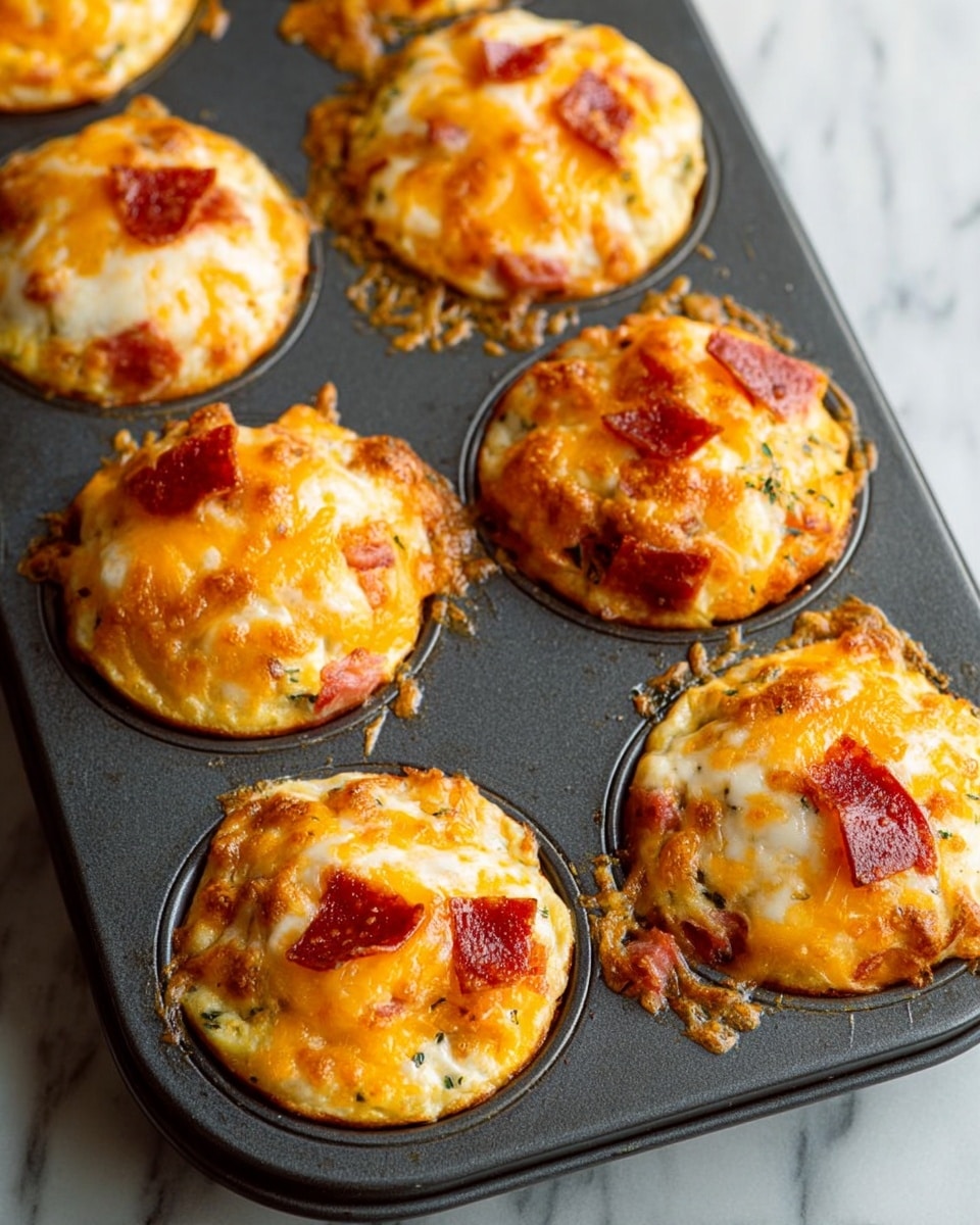 The image shows several golden-brown muffins topped with melted cheese and small pieces of red pepper, arranged on a black cooling rack. One muffin is open and sitting in a white paper cupcake liner, showing a soft, crumbly inside with green herbs mixed in. The muffins have a slightly rough textured surface with the cheese glistening on top and the red peppers scattered unevenly. The background is a white marbled texture. photo taken with an iphone --ar 4:5 --v 7