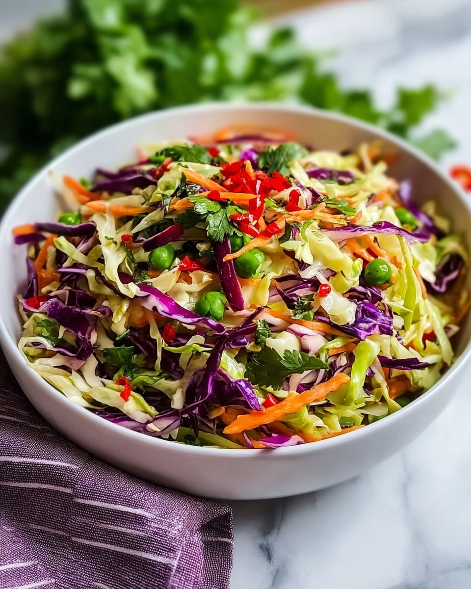 A white square bowl filled with a colorful salad is shown, sitting on a white marbled surface. The salad has several layers: the base is made of shredded purple and light green cabbage mixed with thin orange carrot strips. On top, there are small green peas or edamame and chopped red bell pepper pieces. The salad is sprinkled with unevenly chopped light beige nuts and fresh green cilantro leaves in the center and scattered throughout. The textures range from crunchy cabbage and crunchy nuts to fresh leafy cilantro. In the background, there is a blurred green plant. photo taken with an iphone --ar 4:5 --v 7