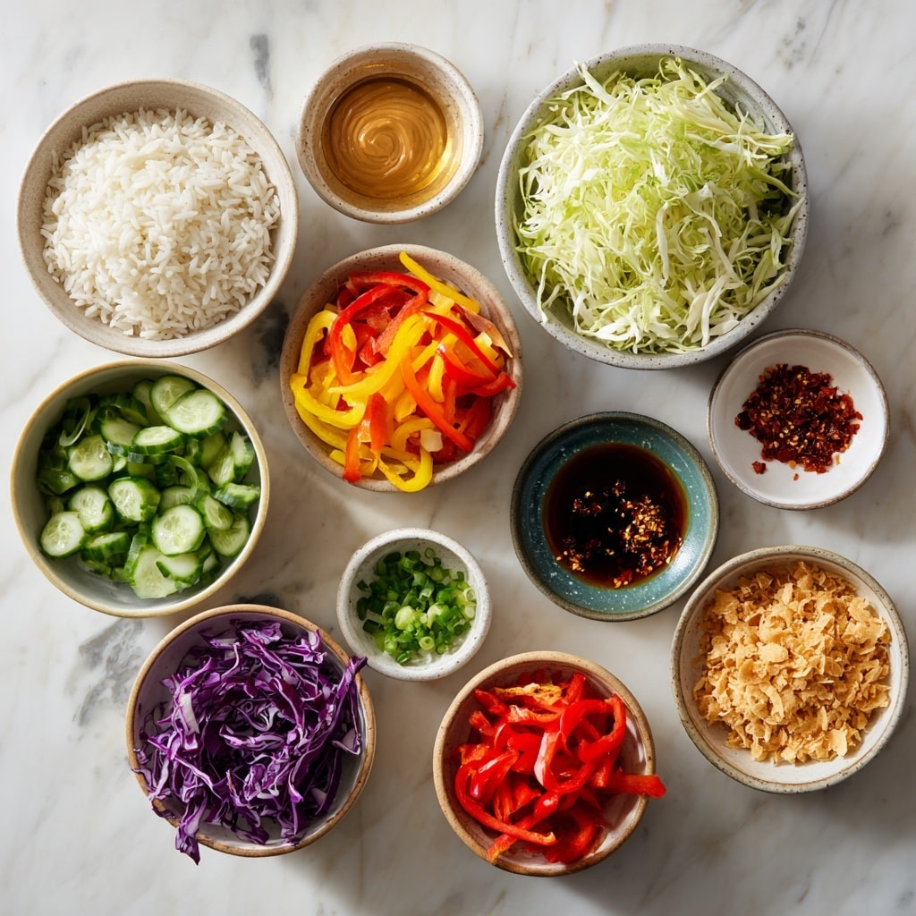 A close-up of a fork holding a mix of cooked brown rice, thin slices of purple cabbage, small pieces of green cucumber, and strips of red bell pepper, each element visibly glossy with sauce. The background shows more of the same colorful mix inside a white bowl, which sits on a white marbled surface. The rice grains are shiny and slightly sticky, layered with the fresh vegetables' bright colors, with a few sesame seeds sprinkled on top. Photo taken with an iphone --ar 4:5 --v 7